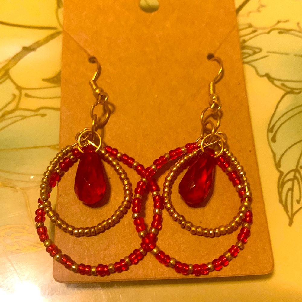 Red tear drop double hoop earrings